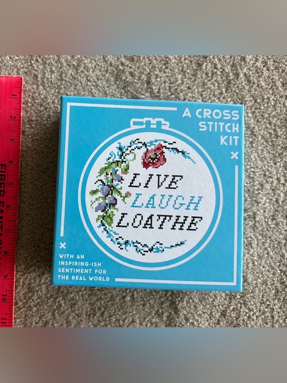 Live Laugh Loathe NIB Cross Stitch Kit Teal Blue Box